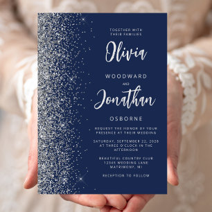 Hochzeit von Navy Blue Silver Glitzer Calligraphy Einladung
