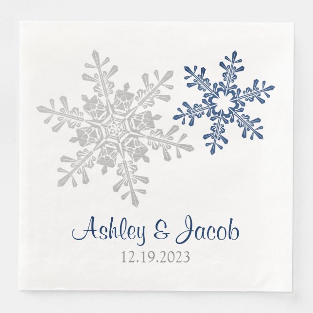Hochzeit von Navy Blue Silver Snowflake Serviette (Vorderseite)