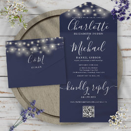 Hochzeit von Navy Blue String Lights QR Code Monog All In One Einladung