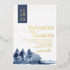 Hochzeit von Navy Blue Trees Mountain Folieneinladung