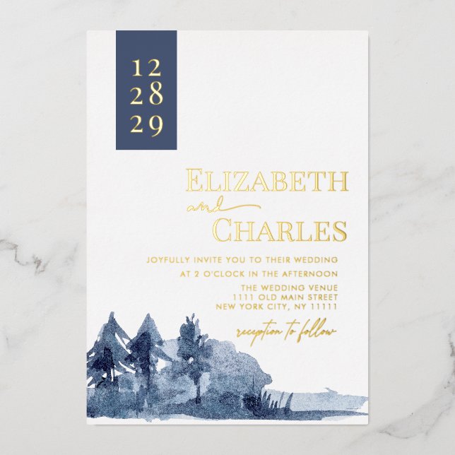 Hochzeit von Navy Blue Trees Mountain Folieneinladung (Vorderseite)