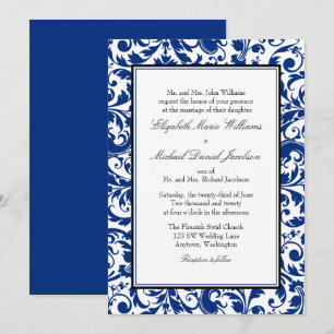 Hochzeit von Navy Blue und Black Swirl Damask Einladung