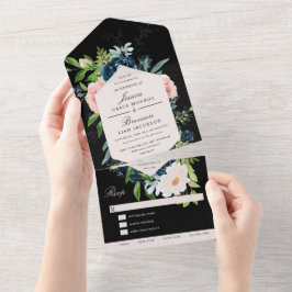 Hochzeit von Navy Blue und Blush auf Black Floral All In One Einladung