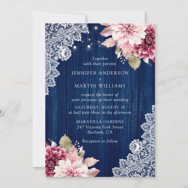 Hochzeit von Navy Blue und Blush Floral Einladung (Vorderseite)