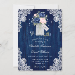 Hochzeit von Navy Blue und Blush Lace Mason Jar Fl Einladung