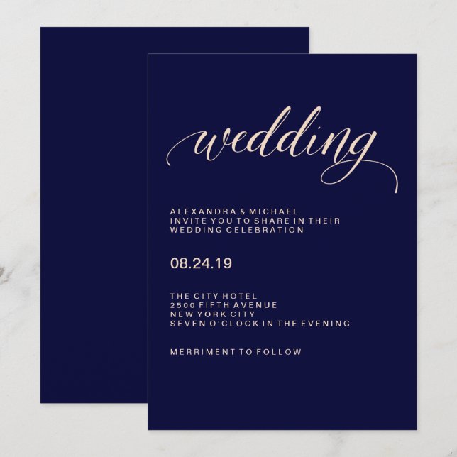Hochzeit von Navy Blue und Blush Pink Einladung (Vorne/Hinten)