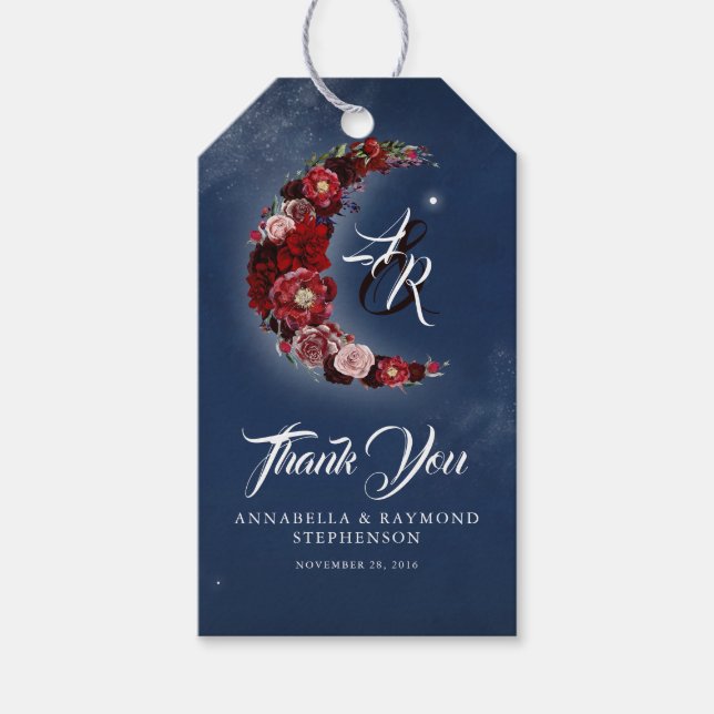 Hochzeit von Navy Blue und Burgund Floral Moon Geschenkanhänger (Vorderseite)