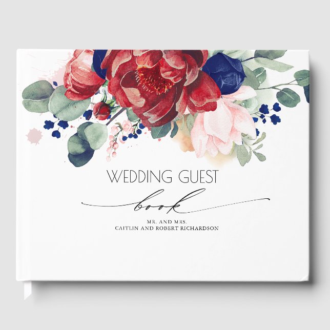 Hochzeit von Navy Blue und Burgund Red Floral Gästebuch (Vorderseite)