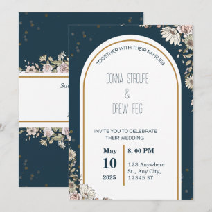 Hochzeit von Navy Blue und Cream Illustrierte Blum Einladung