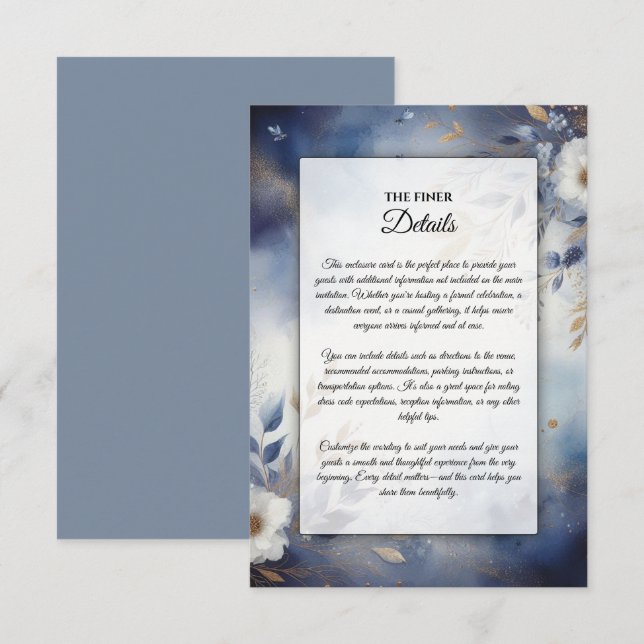 Hochzeit von Navy Blue und Gold Floral Begleitkarte (Vorne/Hinten)