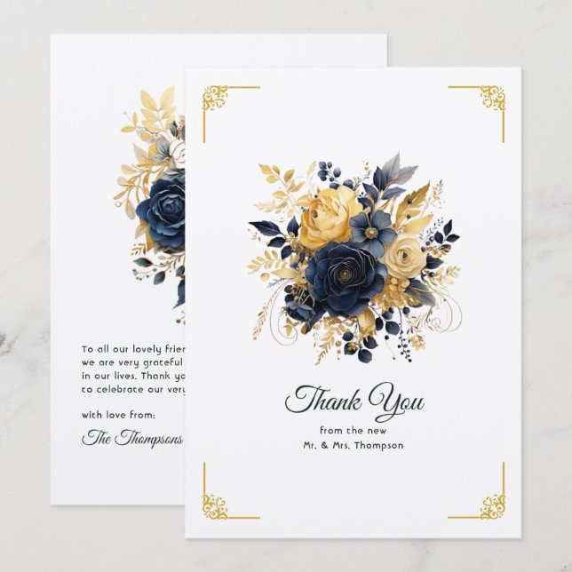 Hochzeit von Navy Blue und Gold Floral Dankeskarte (Vorne/Hinten)