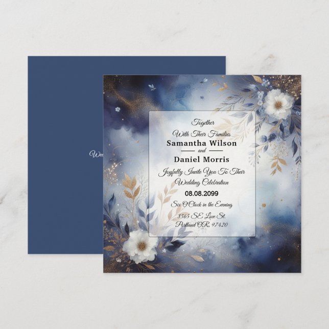 Hochzeit von Navy Blue und Gold Floral Einladung (Vorne/Hinten)