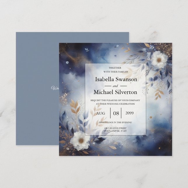 Hochzeit von Navy Blue und Gold Floral Einladung (Vorne/Hinten)