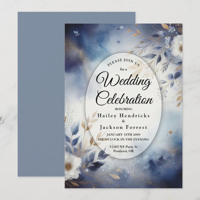 Hochzeit von Navy Blue und Gold Floral Einladung (Vorne/Hinten)
