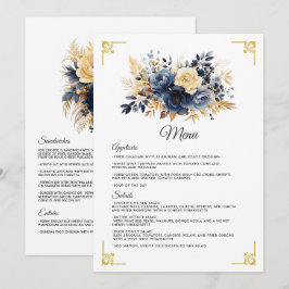 Hochzeit von Navy Blue und Gold Floral Menükarte