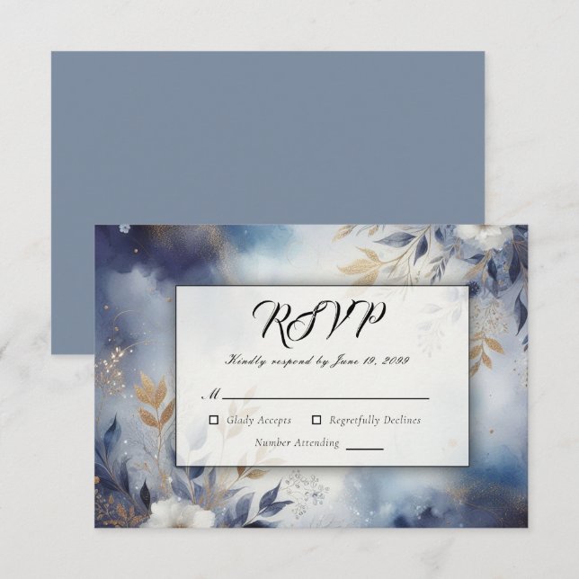 Hochzeit von Navy Blue und Gold Floral RSVP Karte (Vorne/Hinten)
