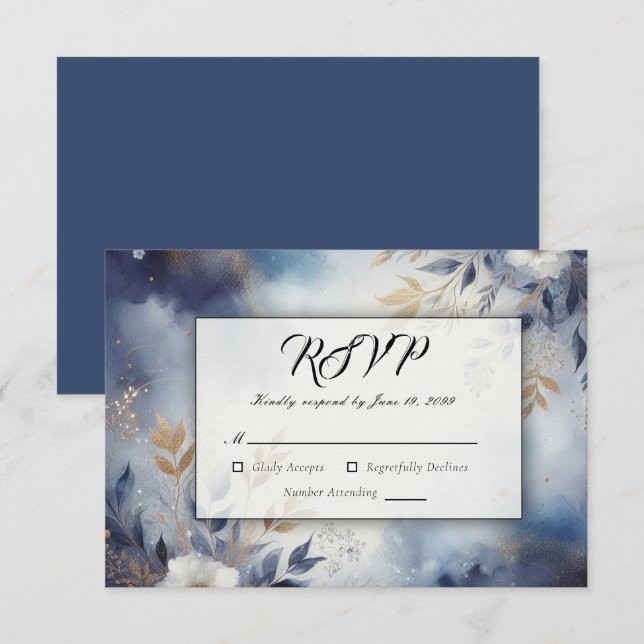 Hochzeit von Navy Blue und Gold Floral RSVP Karte (Vorne/Hinten)