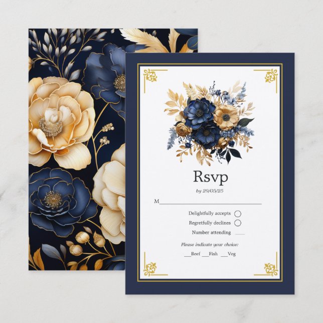 Hochzeit von Navy Blue und Gold Floral RSVP Karte (Vorne/Hinten)