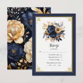 Hochzeit von Navy Blue und Gold Floral RSVP Karte