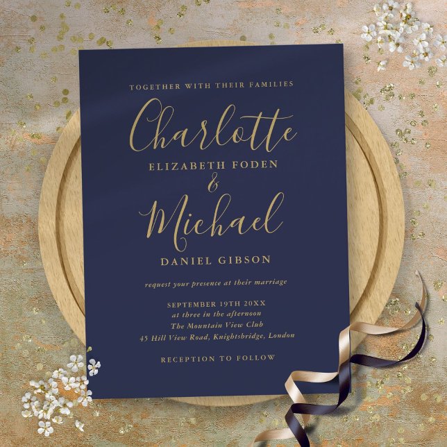 Hochzeit von Navy Blue und Gold-Signature Einladungspostkarte (Navy Blue And Gold Signature Script Wedding Invitation Postcard)