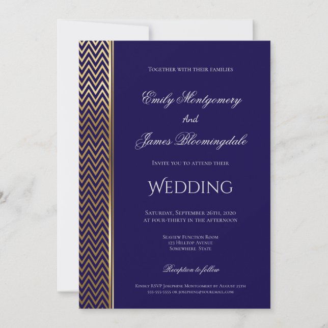 Hochzeit von Navy Blue und Gold Zickzack Stripe Einladung (Vorderseite)
