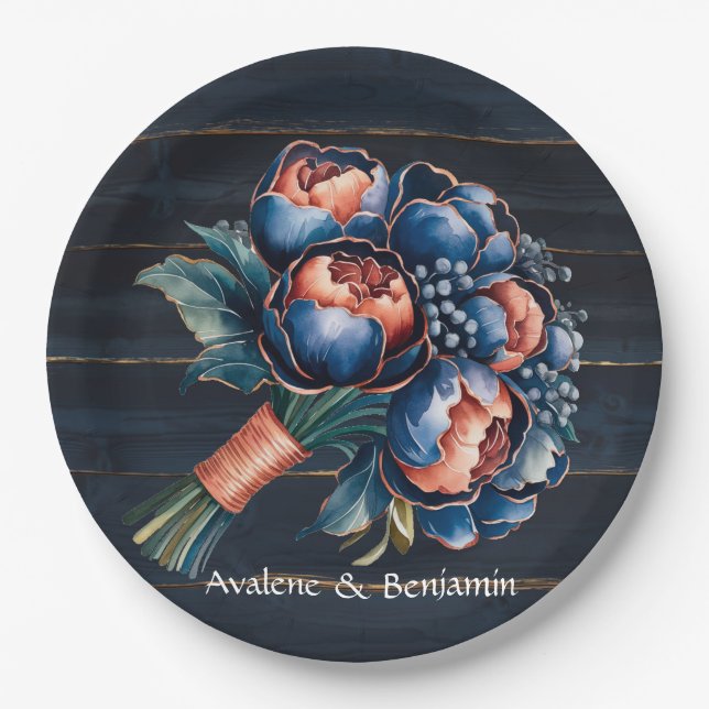 Hochzeit von Navy Blue und Kupfer Peony Bouquet Wo Pappteller (Vorderseite)