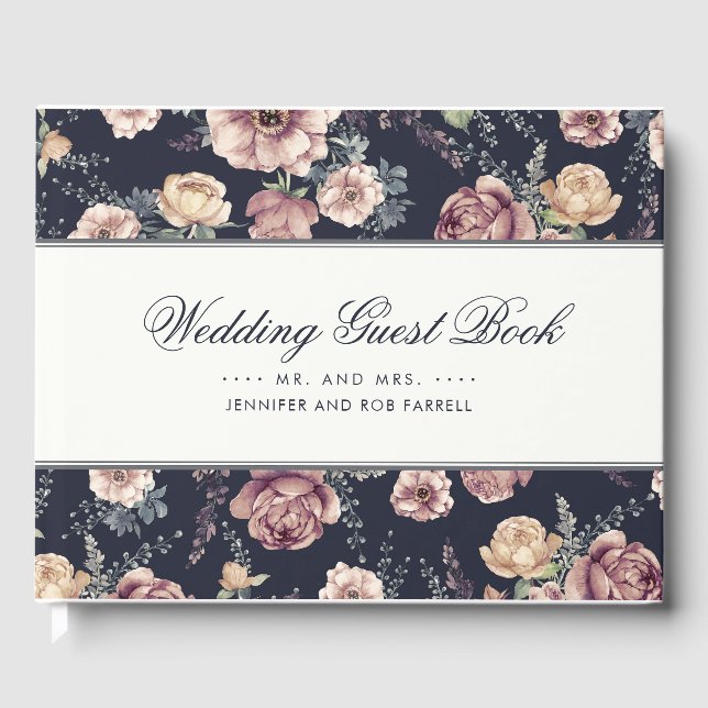 Hochzeit von Navy Blue und Mauve Floral Gästebuch (Vorderseite)