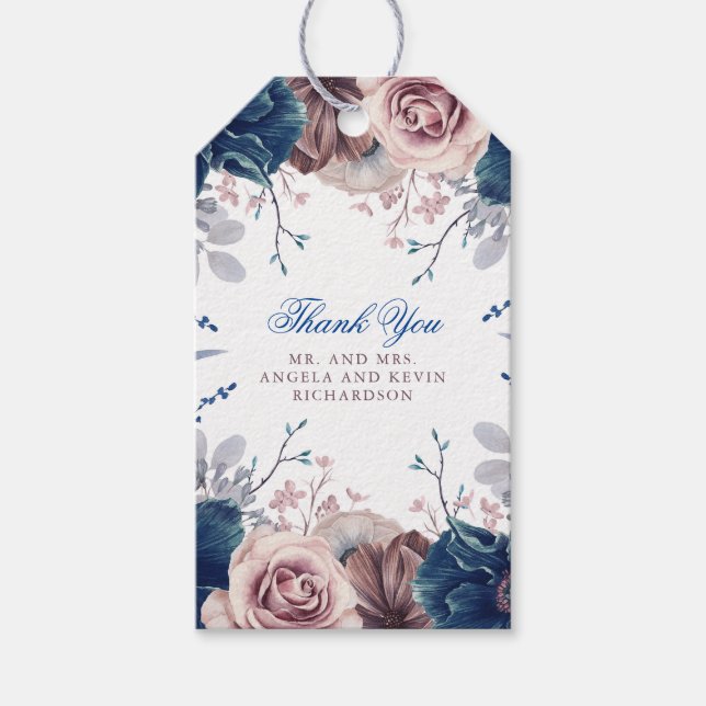 Hochzeit von Navy Blue und Mauve Floral Geschenkanhänger (Vorderseite)