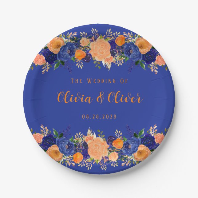 Hochzeit von Navy Blue und Orange Botanical Floral Pappteller (Vorderseite)