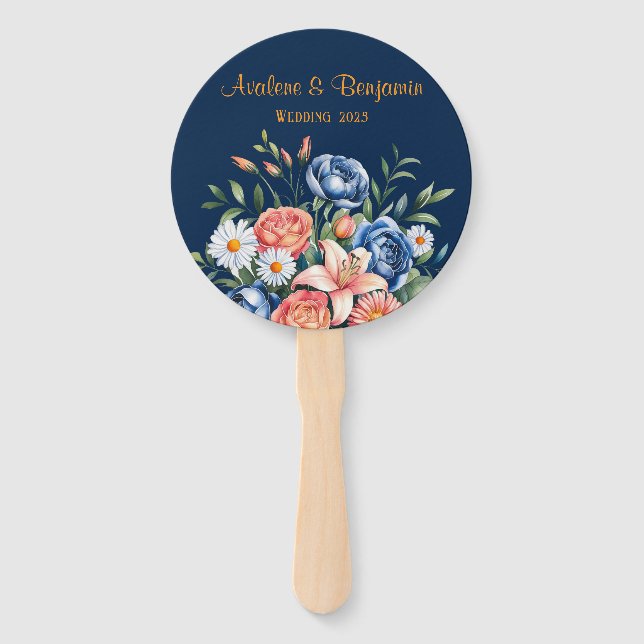 Hochzeit von Navy Blue und Orange Peony Blume Fächer (Vorderseite)