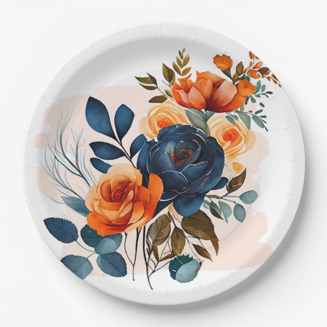 Hochzeit von Navy Blue und Orange Peony Pappteller (Vorderseite)