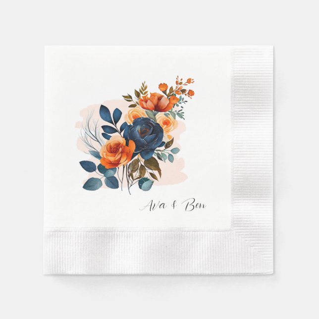 Hochzeit von Navy Blue und Orange Peony Serviette (Vorderseite)