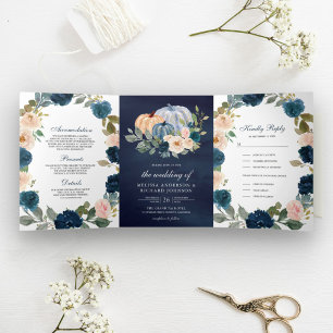 Hochzeit von Navy Blue und Peach Floral Pumpkin Dreifach Gefaltete Einladung