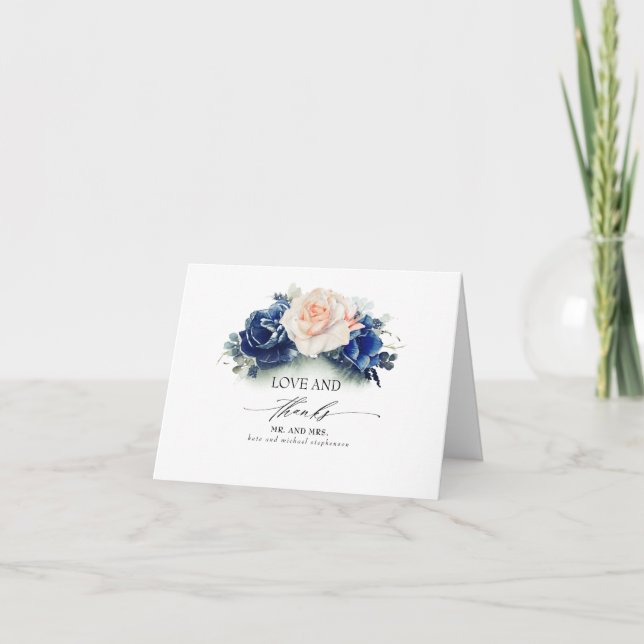 Hochzeit von Navy Blue und Peach Floral Vielen Dan Dankeskarte (Vorderseite)