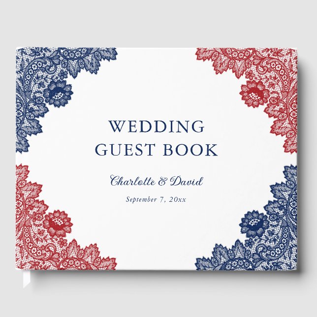 Hochzeit von Navy Blue und Red Floral Lace Gästebuch (Vorderseite)