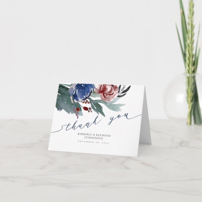 Hochzeit von Navy Blue und Red Floral Wreath Viele Dankeskarte (Vorderseite)