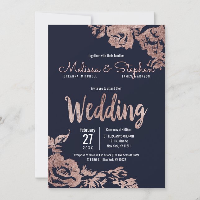 Hochzeit von Navy Blue und Rose Gold Einladung (Vorderseite)