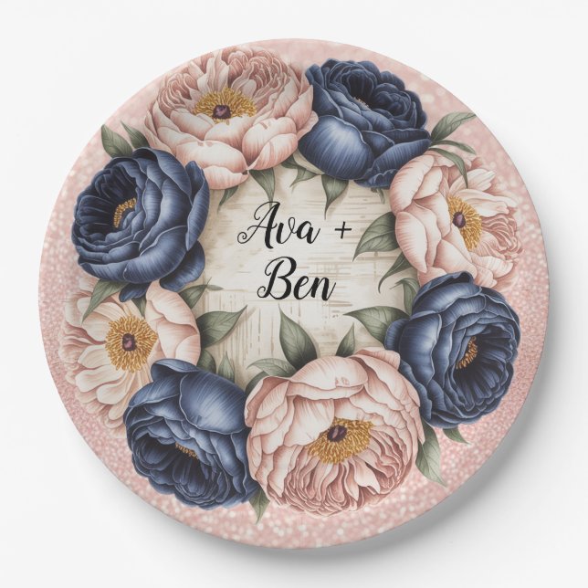 Hochzeit von Navy Blue und Rose Gold Pappteller (Vorderseite)