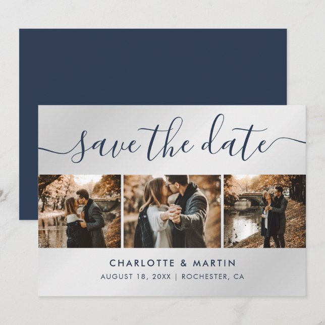 Hochzeit von Navy Blue und Silver Modern Foto Coll Save The Date (Vorne/Hinten)