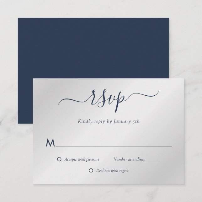 Hochzeit von Navy Blue und Silver RSVP Karte (Vorne/Hinten)