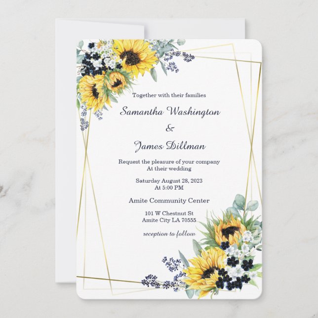 Hochzeit von Navy Blue und Sunflower Einladung (Vorderseite)