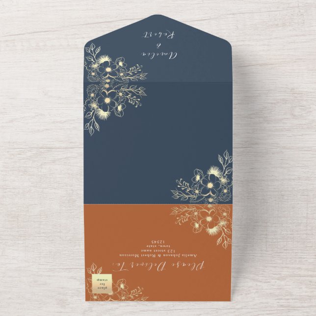 Hochzeit von Navy Blue und Terracotta All In One Einladung (Außenbereich)