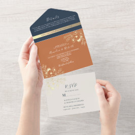 Hochzeit von Navy Blue und Terracotta All In One Einladung