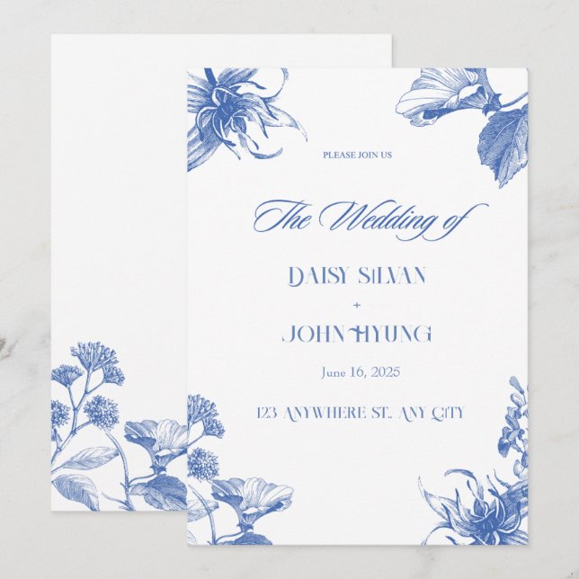 Hochzeit von Navy Blue und White Chinoiserie Einladung (Vorne/Hinten)