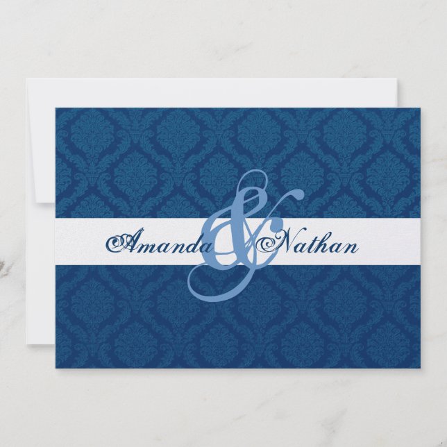 Hochzeit von Navy Blue und White Diamond Damask Einladung (Vorderseite)