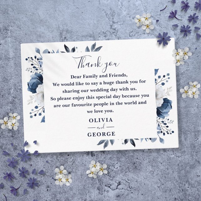 Hochzeit von Navy Blue und White Floral Vielen Dan Platzkarte (Navy Blue And White Floral Wedding Thank You Place Card)