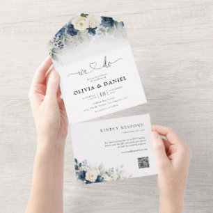Hochzeit von Navy Blue und White Rose All In One Einladung