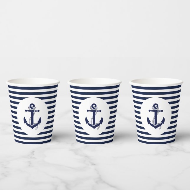 Hochzeit von Navy Blue und White Striped Anchor Pappbecher (Multi)