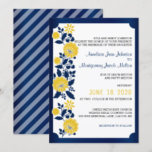 Hochzeit von Navy Blue und Yellow Floral Einladung