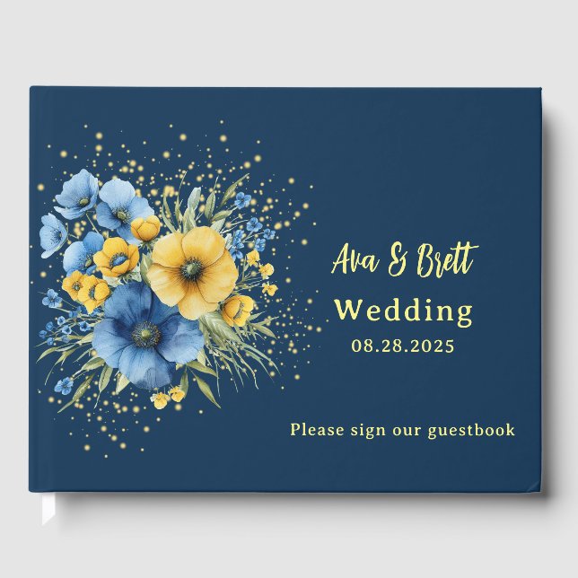 Hochzeit von Navy Blue und Yellow Florals Gold Gästebuch (Vorderseite)